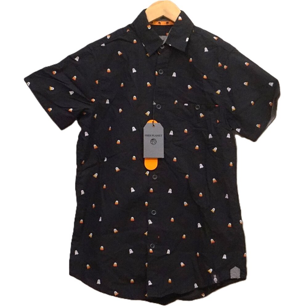 Free Planet Black w/ Ghosts & Candy Corn Button Up Short Sleeve Shirt Mens Small